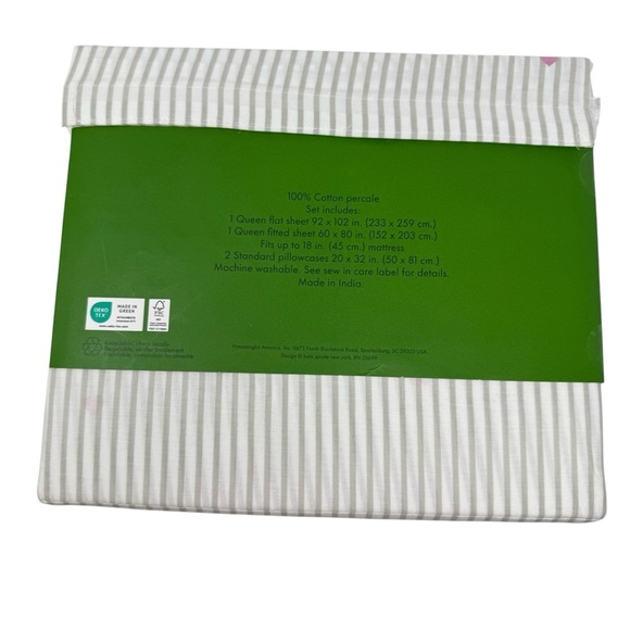 Kate Spade QUEEN Sheet Set WHITE & GRAY stripe pink hearts Cotton Percale NWT - Picture 2 of 7